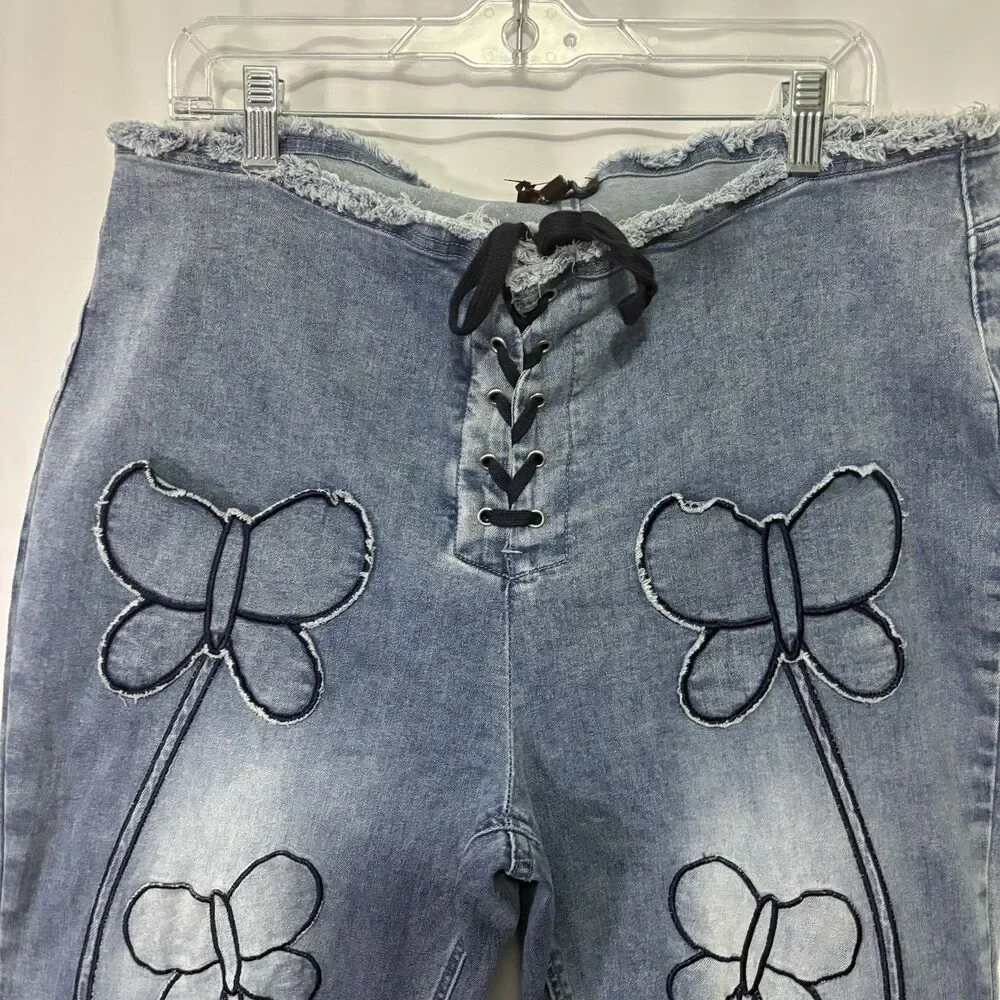Dolls Kill DELIA'S Plus Cloud Illusions Flare Jeans Y2K Butterfly Whimsigoth 2x - Picture 2 of 10